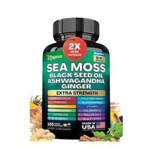 Sea Moss Black Seed Oil, Ashwagandha, Ginger – Extra Strength – 120 Capsule’s
